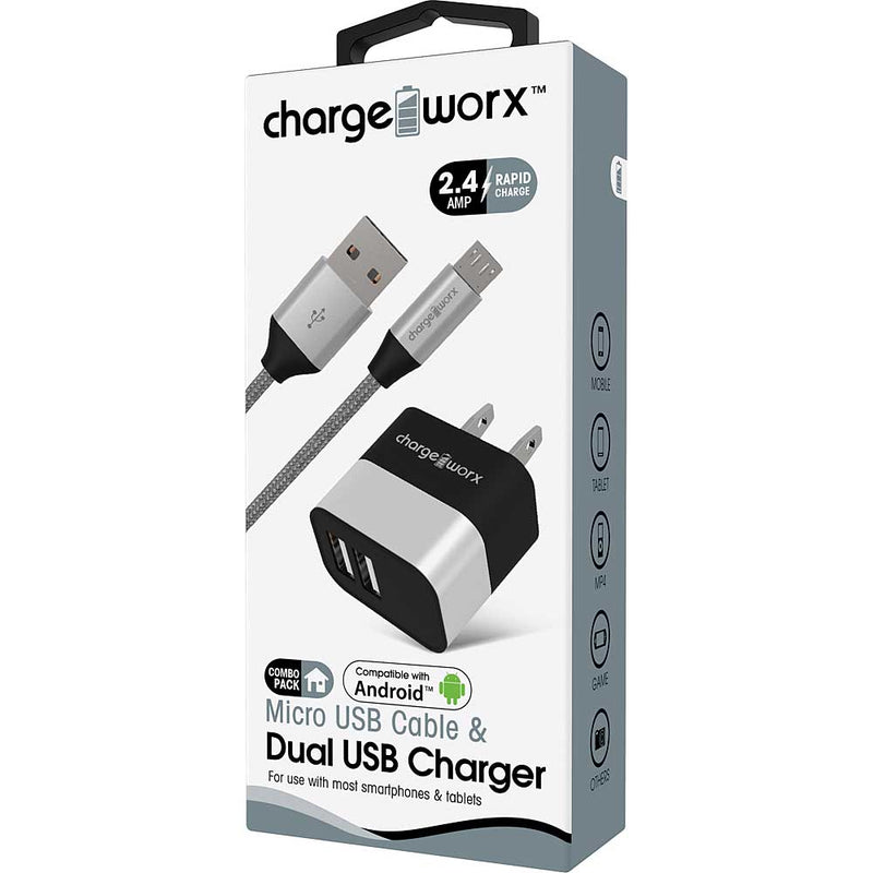 Chargeworx 2.4A Dual USB Metal Wall Charger & 3' Micro USB Cable