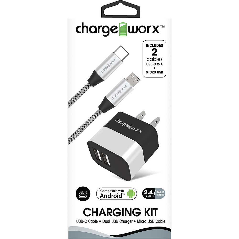 Chargeworx USB Wall Charger & USB-C and Micro USB Cables