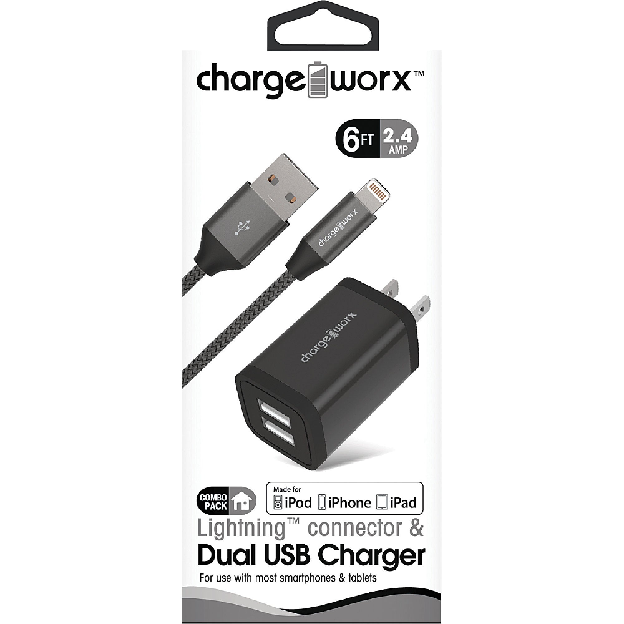 Chargeworx 2.4A Dual USB Metal Wall Charger & 6ft Lightning Cable