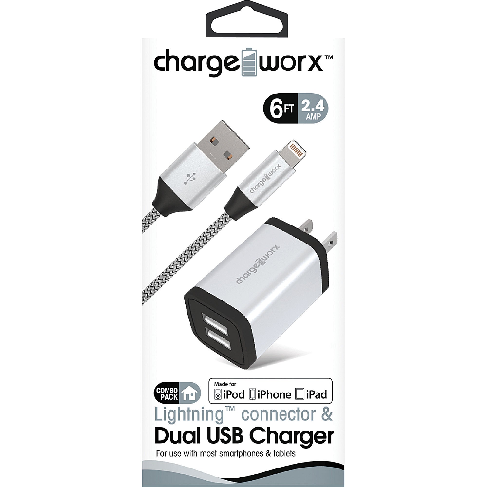 Chargeworx 2.4A Dual USB Metal Wall Charger & 6ft Lightning Cable