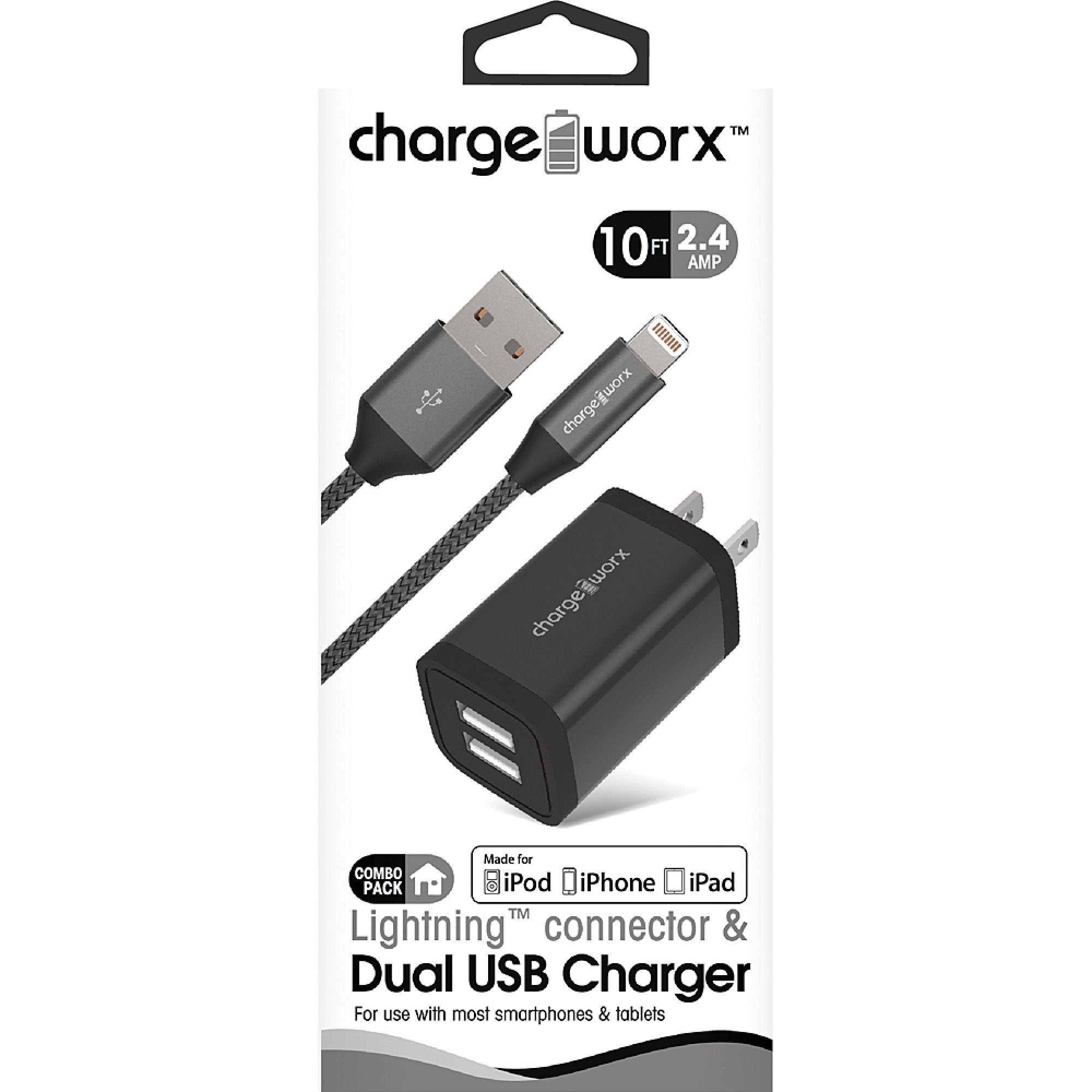 Chargeworx 2.4A Dual USB Metal Wall Charger & 10ft Lightning Cable