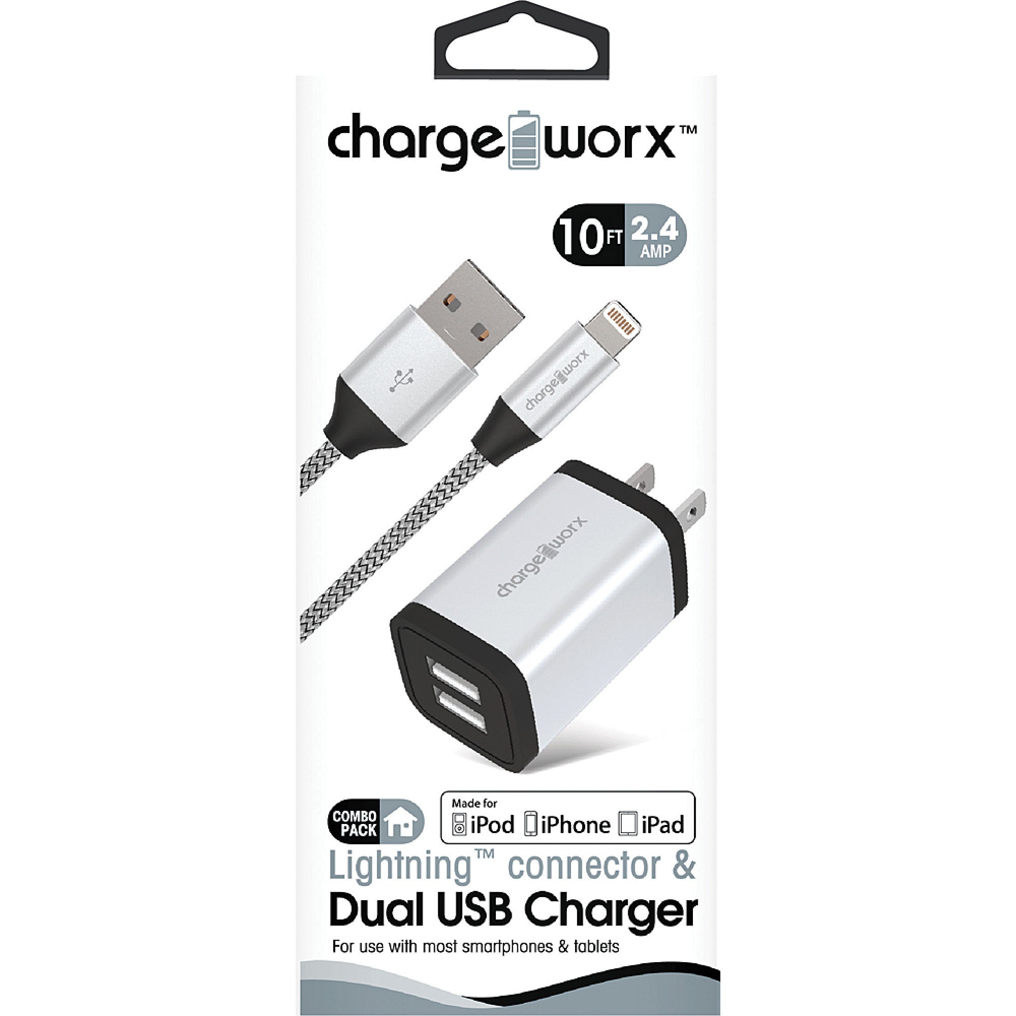 Chargeworx 2.4A Dual USB Metal Wall Charger & 10ft Lightning Cable
