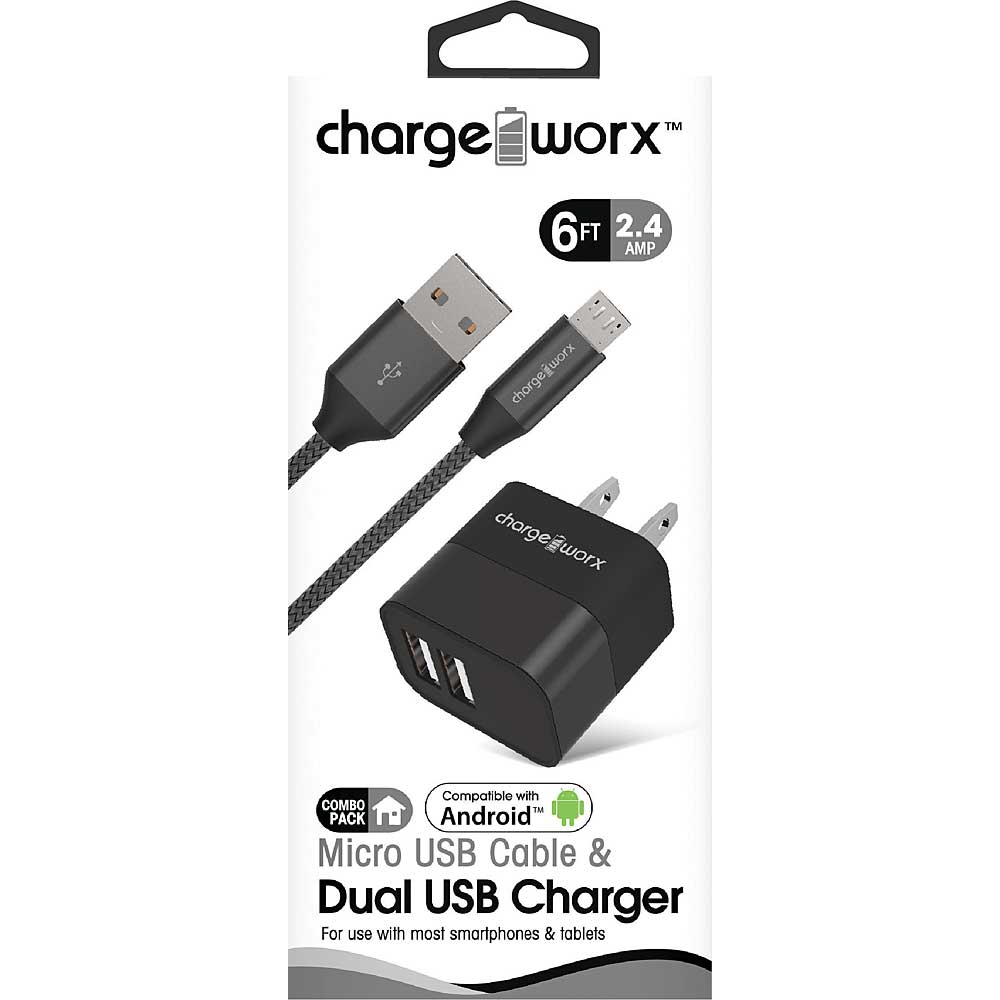 Chargeworx 2.4A Dual USB Metal Wall Charger & 6ft Micro USB Cable