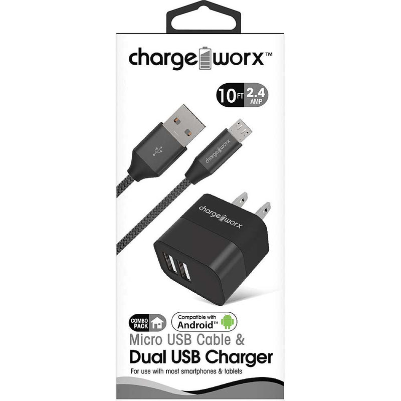 Chargeworx 2.4A Dual USB Metal Wall Charger & 10ft Micro USB Cable (Black)