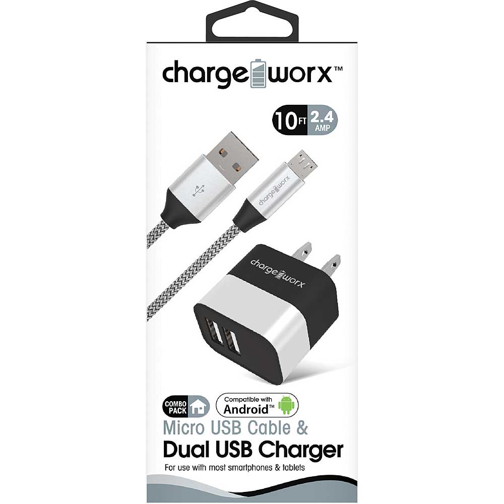 Chargeworx 2.4A Dual USB Metal Wall Charger & 10ft Micro USB Cable (Black)