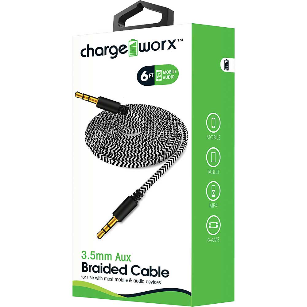Chargeworx 3.5mm Aux Braided Cable 6ft (Black)