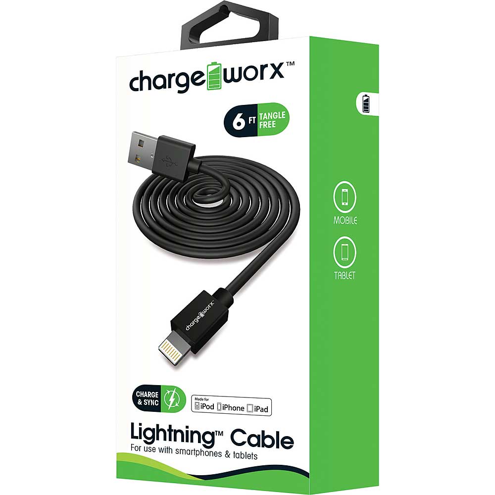 Chargeworx 6ft Lightning Sync & Charge Cable (Black)