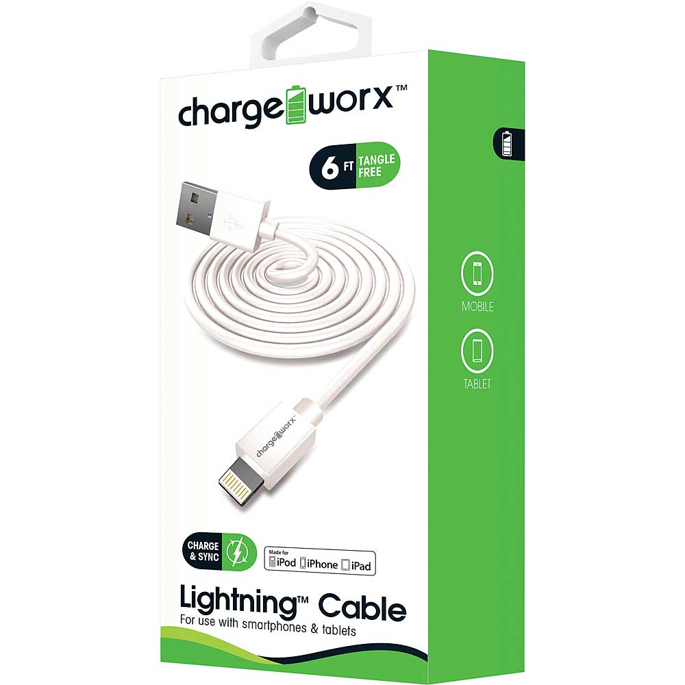 Chargeworx 6ft Lightning Sync Charge Cable (Black)