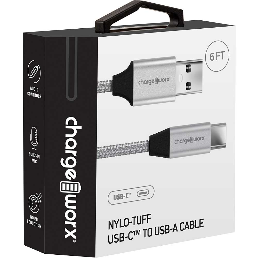 Chargeworx Nylo-Tuff 6ft USB-C to USB-A Cable (Silver)