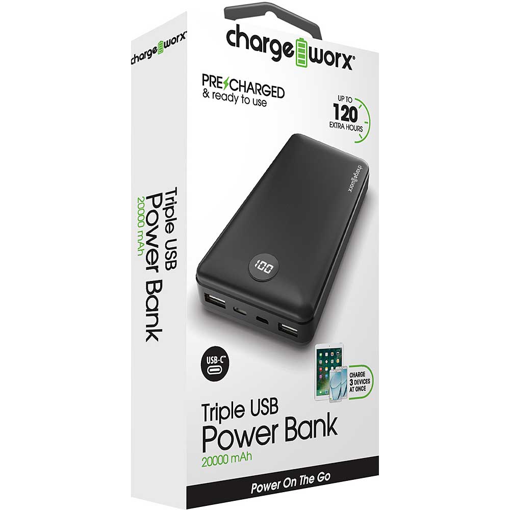 Chargeworx Rechargeable Triple USB Power Bank Up To 120 Extra Hours