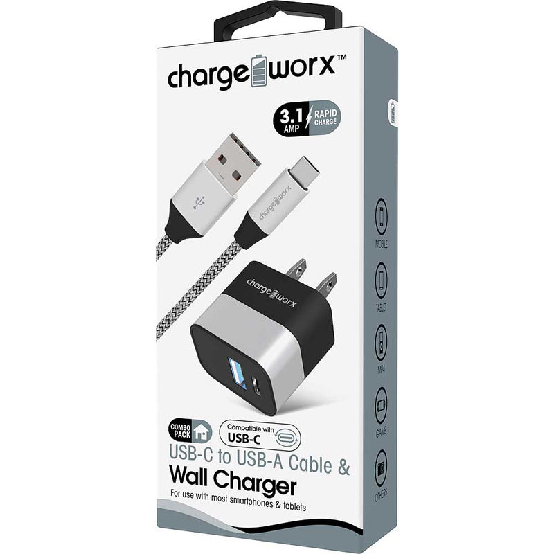Chargeworx USB-C to USB-A Cable and Wall Charger (Silver)