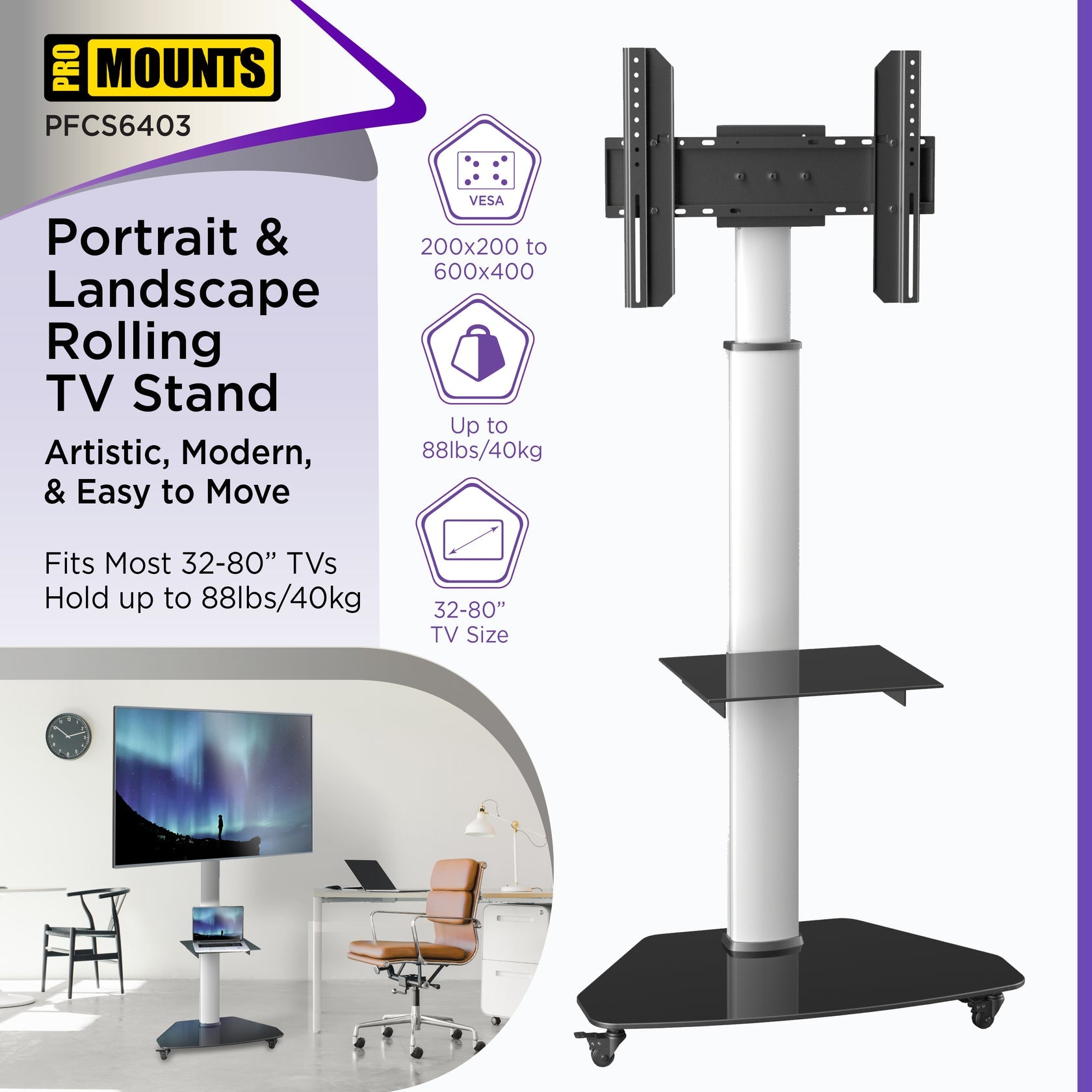 ProMounts PFCS6403 Portrait/Landscape Rolling TV Stand Mount For 32"-80" TVs