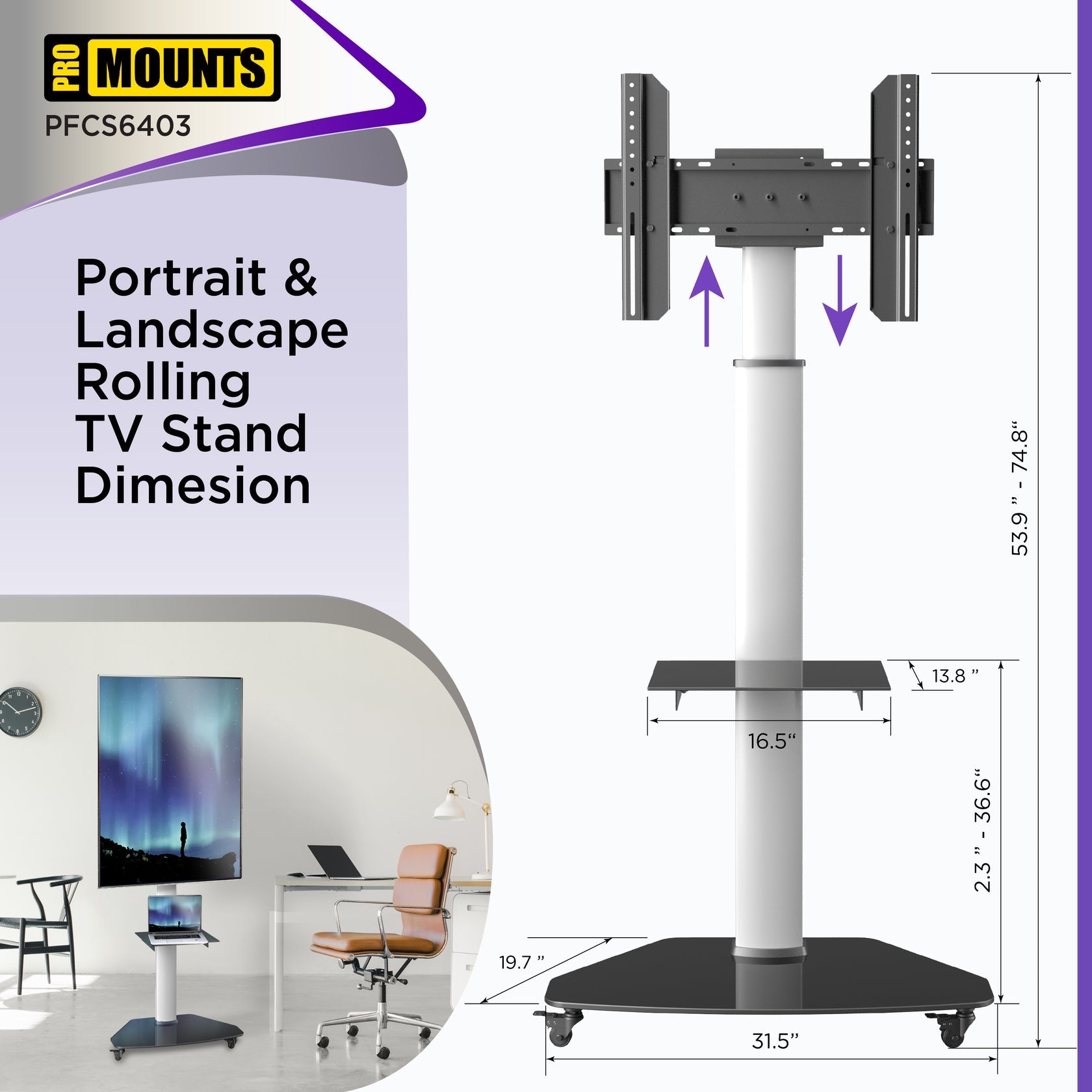 ProMounts PFCS6403 Portrait/Landscape Rolling TV Stand Mount For 32"-80" TVs
