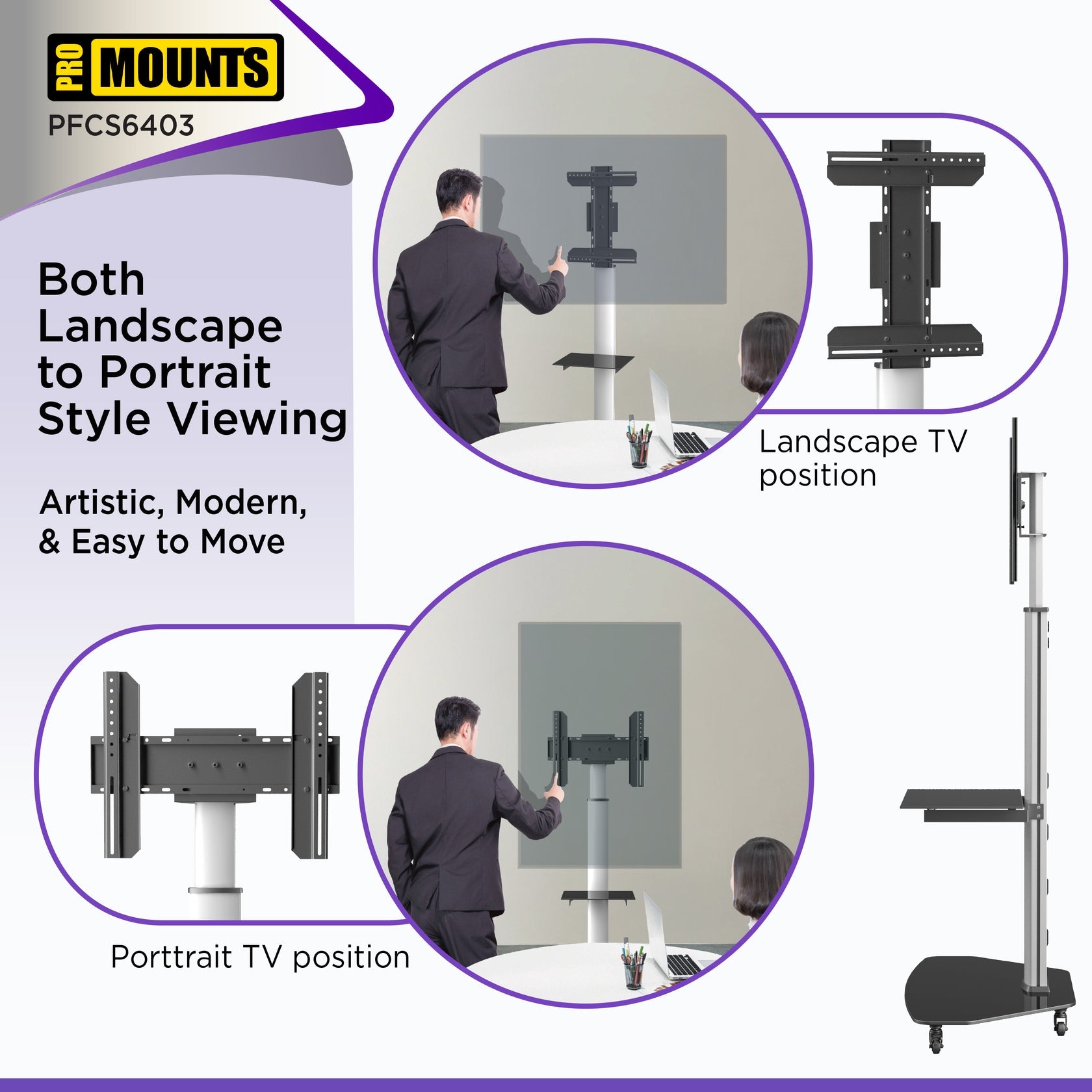 ProMounts PFCS6403 Portrait/Landscape Rolling TV Stand Mount For 32"-80" TVs