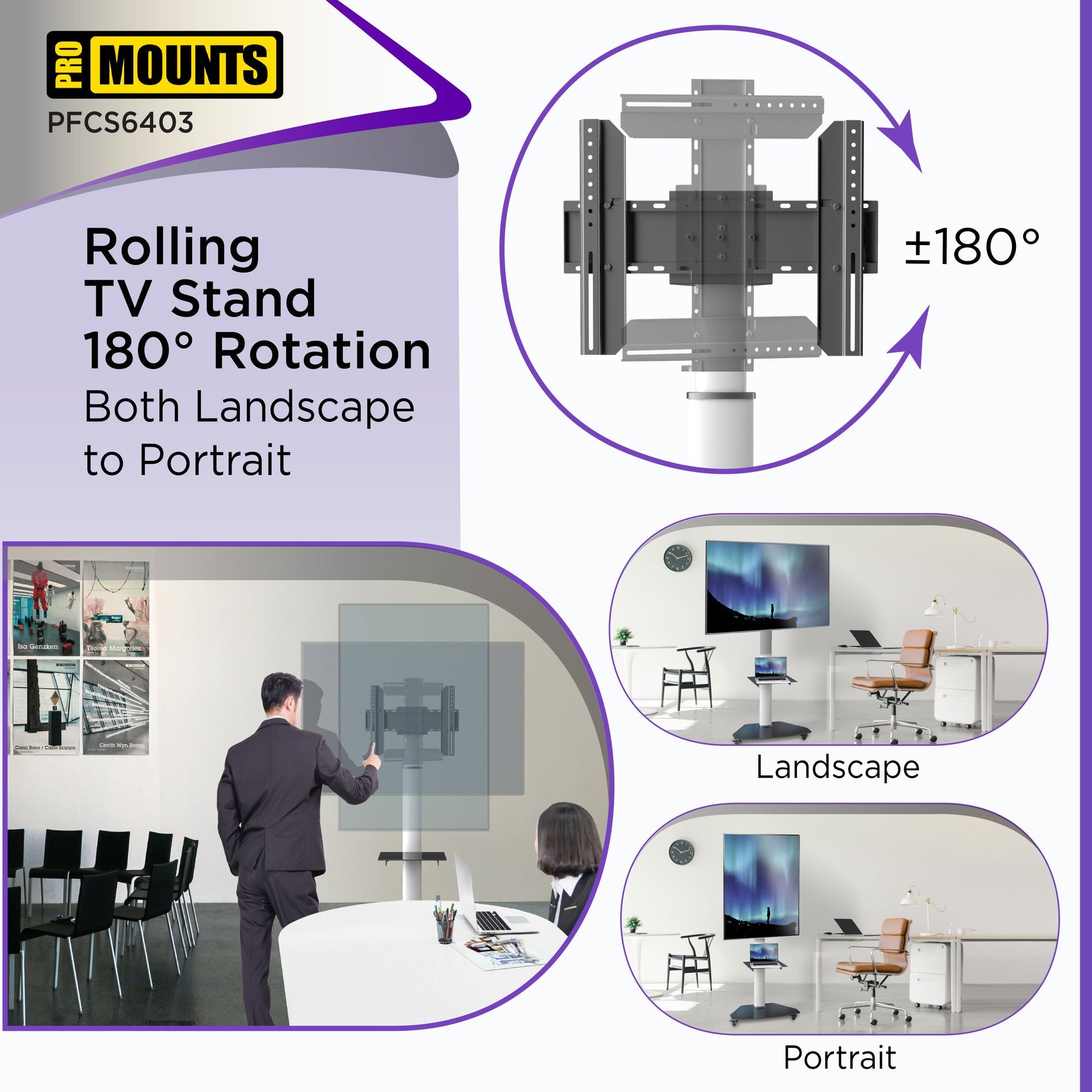 ProMounts PFCS6403 Portrait/Landscape Rolling TV Stand Mount For 32"-80" TVs