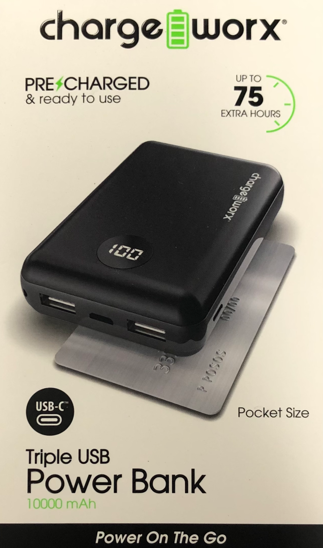 Chargeworx 10000mAh Triple USB Power Bank for 75 Extra Hours Charge