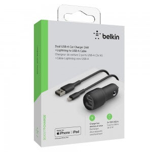 Belkin Boost Charge 24 Watt Dual USB-A Bullet Car Charger with 3ft Apple Lightning Cable