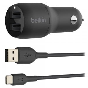 Belkin Boost Charge 24 Watt Dual USB-A Bullet Car Charger with 3ft USB-A to USB-C Cable