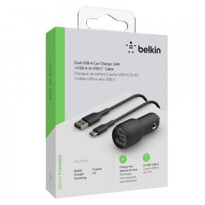 Belkin Boost Charge 24 Watt Dual USB-A Bullet Car Charger with 3ft USB-A to USB-C Cable